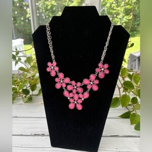 CLEARANCE: Pink Floral Statement Necklace with Double Silver Chain